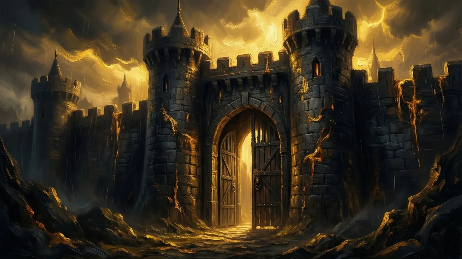 The open gate of a dark stone castle, its towers lit gold under a stormy sky.