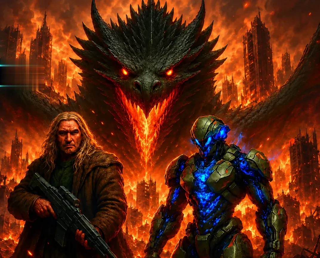 A black dragon with burning eyes looms over a city in flames, behind a long-haired gunman and an armored soldier glowing blue.